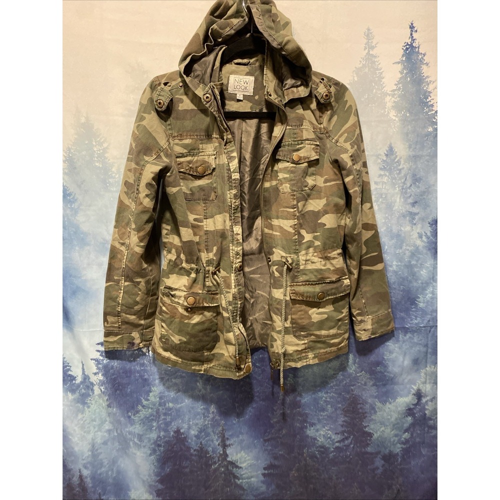 New Look Camouflage Hooded Fitted Jacket Womens Utility Military Cargo Outdoor